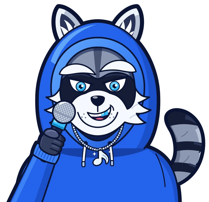 The HoodRaps raccoon in a blue hoodie, holding a microphone